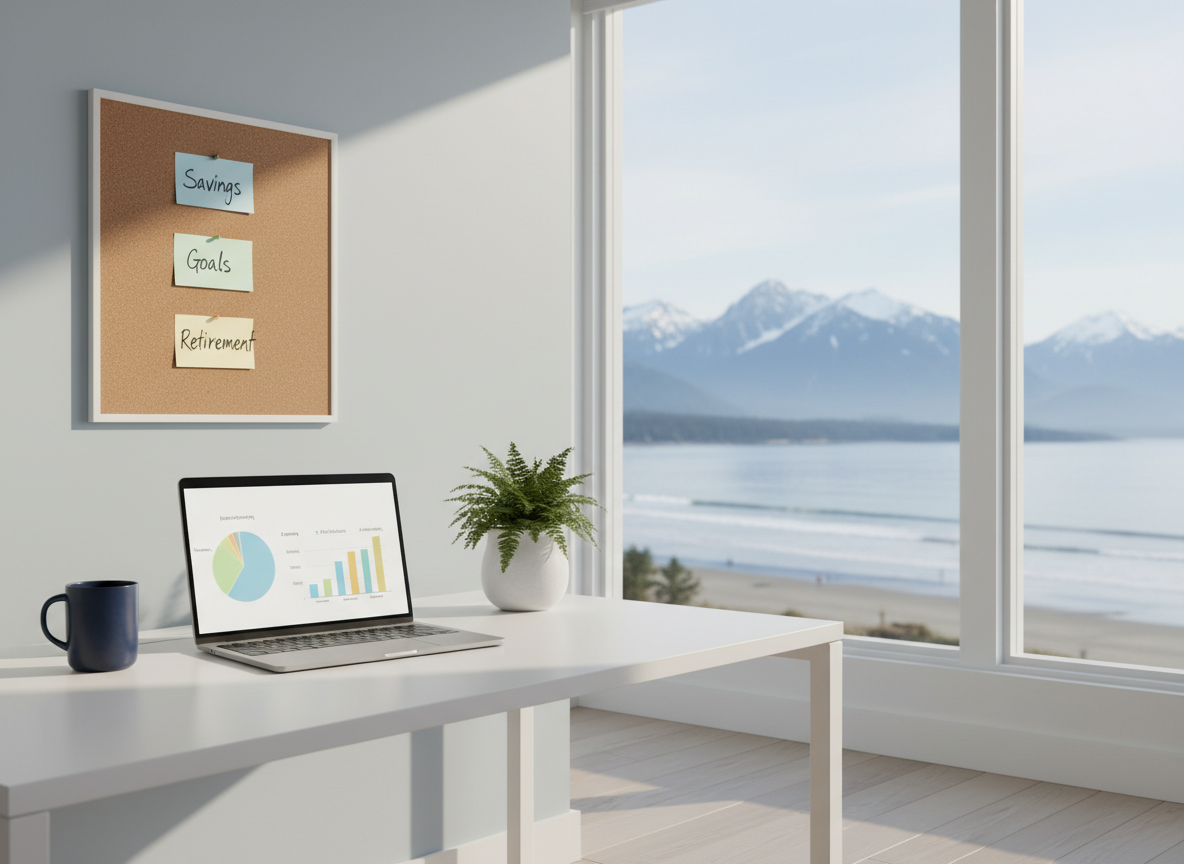 A serene coastal-inspired home office with a large window revealing a softly blurred glimpse of the Comox Valley shoreline and distant mountains. In the foreground, a tidy white desk holds a sleek laptop displaying a simple, colorful pie chart and bar graph, a navy-blue mug, and a small potted fern in a matte ceramic pot. A corkboard on the wall is neatly arranged with pastel sticky notes labeled “Savings,” “Goals,” and “Retirement,” all carefully aligned. Gentle late-morning natural light fills the room, creating a bright, airy feel with soft shadows under the objects. Photographic realism, framed using the rule of thirds at eye level, creates a calm, professional, and aspirational mood, suggesting clarity and financial empowerment from home.