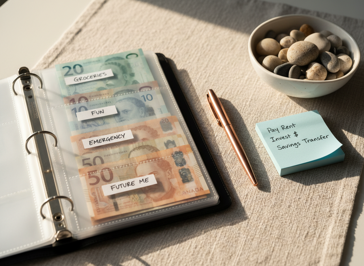 A carefully organized budgeting binder open on a textured linen table runner, showing a clear plastic sleeve with labeled envelopes: “Groceries,” “Fun,” “Emergency,” and “Future Me,” each containing crisp Canadian bills. Beside the binder sits a slim, rose-gold pen, a small stack of pale blue sticky notes with concise handwritten reminders, and a white ceramic bowl holding smooth grey and sand-colored stones reminiscent of a Vancouver Island beach. Warm, diffused afternoon light from the upper left creates cozy highlights on the plastic envelopes and gentle shadows along the linen texture. Photographic realism with a close, slightly angled composition and shallow depth of field captures a grounded, hands-on, and reassuring approach to managing money.