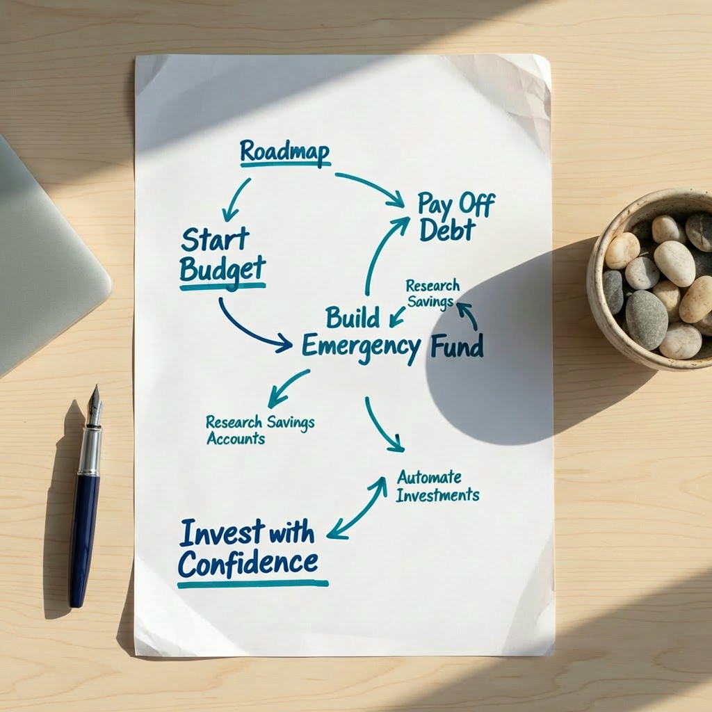 A large, detailed financial roadmap sketched across a crisp white sheet of paper, spread on a clean desk. The roadmap uses flowing teal and deep blue arrows connecting labeled milestones like “Start Budget,” “Pay Off Debt,” “Build Emergency Fund,” and “Invest with Confidence.” Surrounding the paper are neatly arranged tools: a navy fountain pen, a simple silver laptop closed to suggest focus, and a small ceramic bowl filled with smooth beach pebbles. Soft afternoon light streams from the right, creating subtle highlights on the ink and faint shadows along the paper’s edges. Photographic realism, shot from an overhead bird’s-eye perspective with sharp focus throughout, gives a clear, structured, and encouraging atmosphere of guidance and direction.