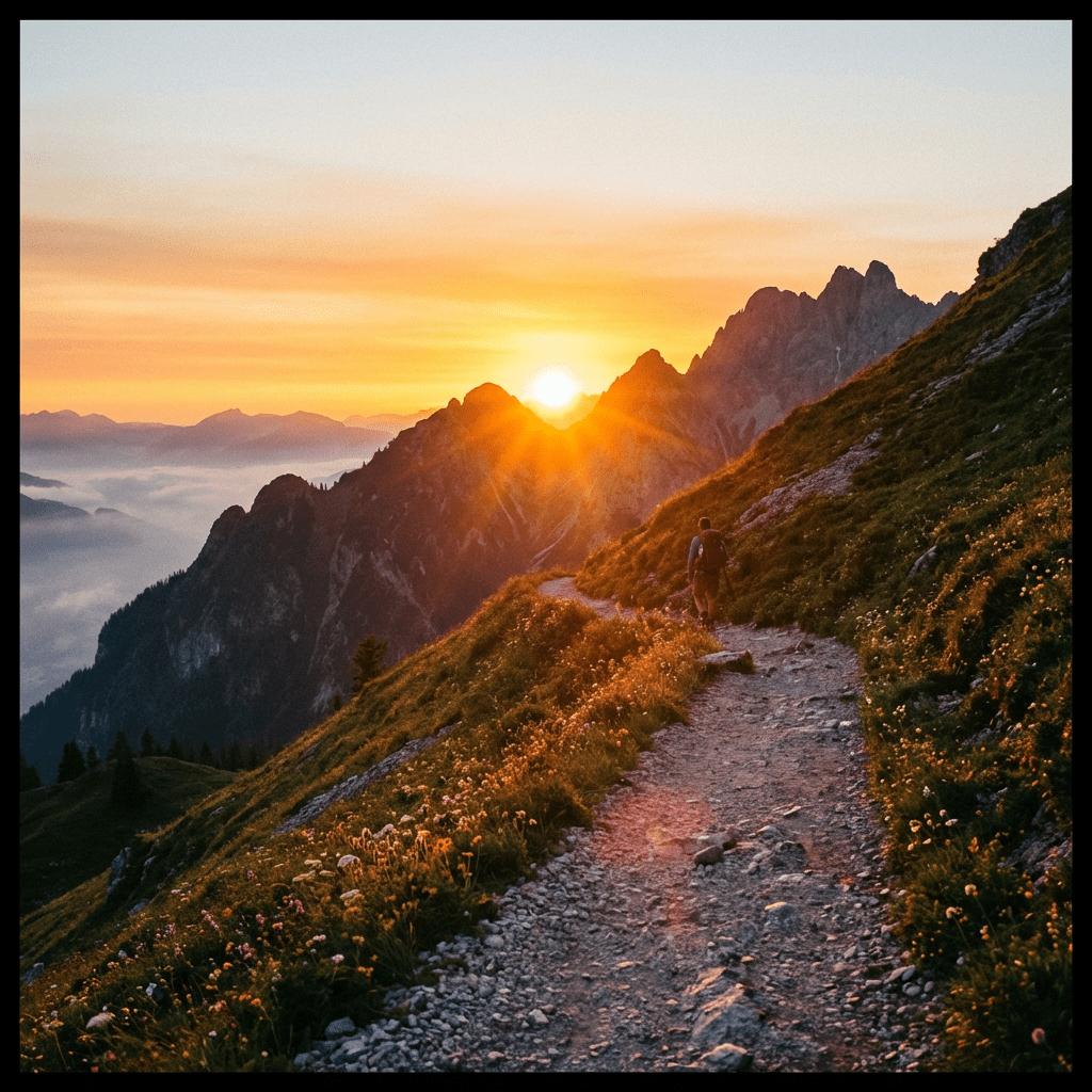 A hiker walks along a rocky mountain trail during a golden sunset over jagged peaks.