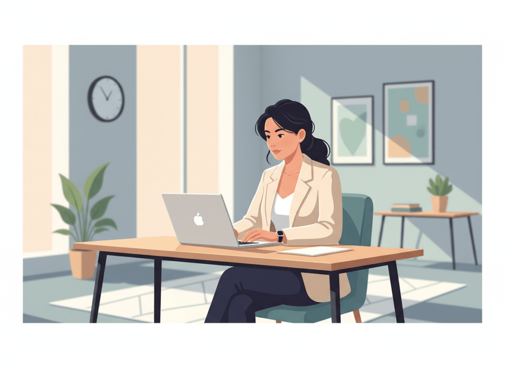 professional illustration of a woman sitting at a desk working on a laptop in a bright modern office, clean background, suitable as a website hero image