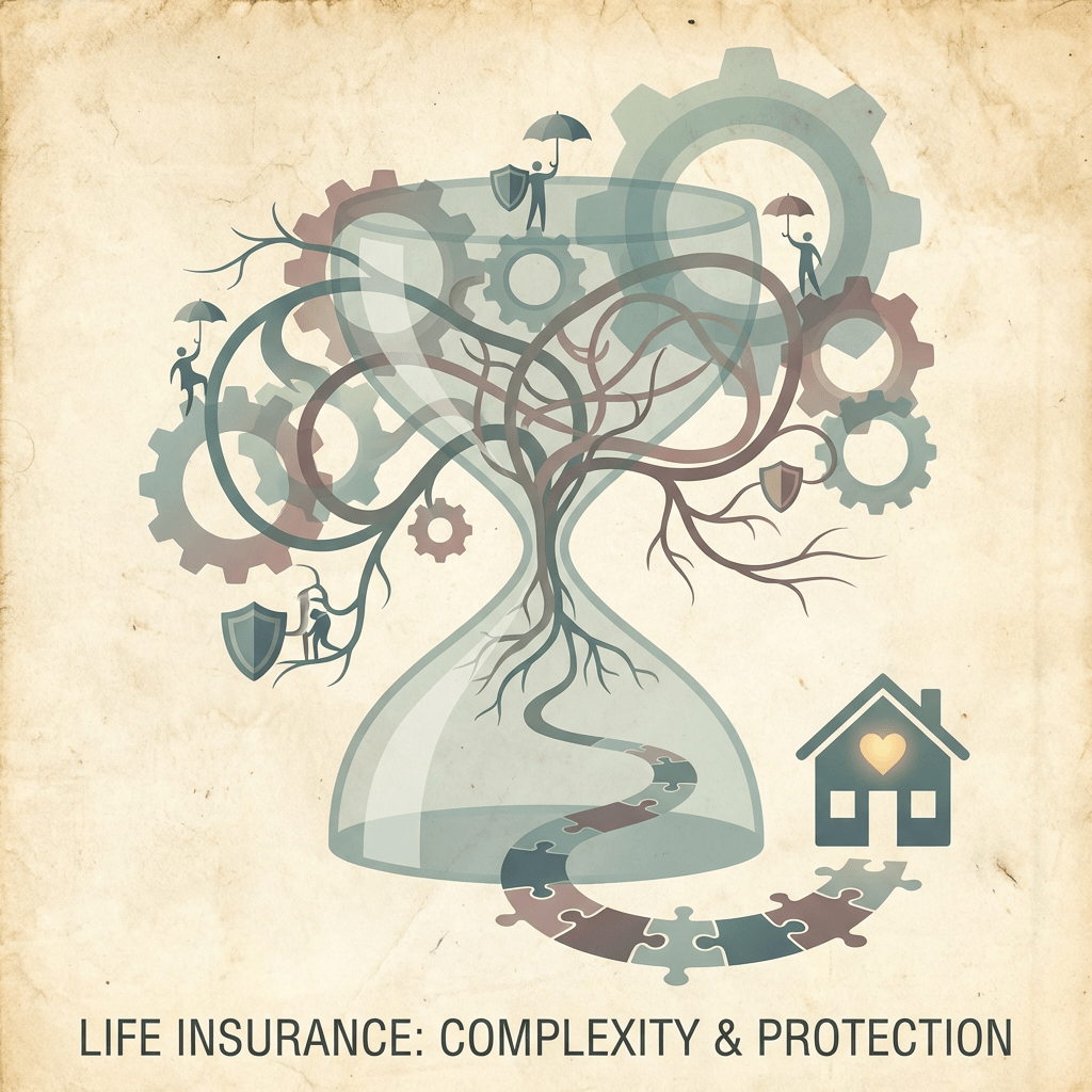 Conceptual life insurance illustration with text: LIFE INSURANCE: COMPLEXITY & PROTECTION.