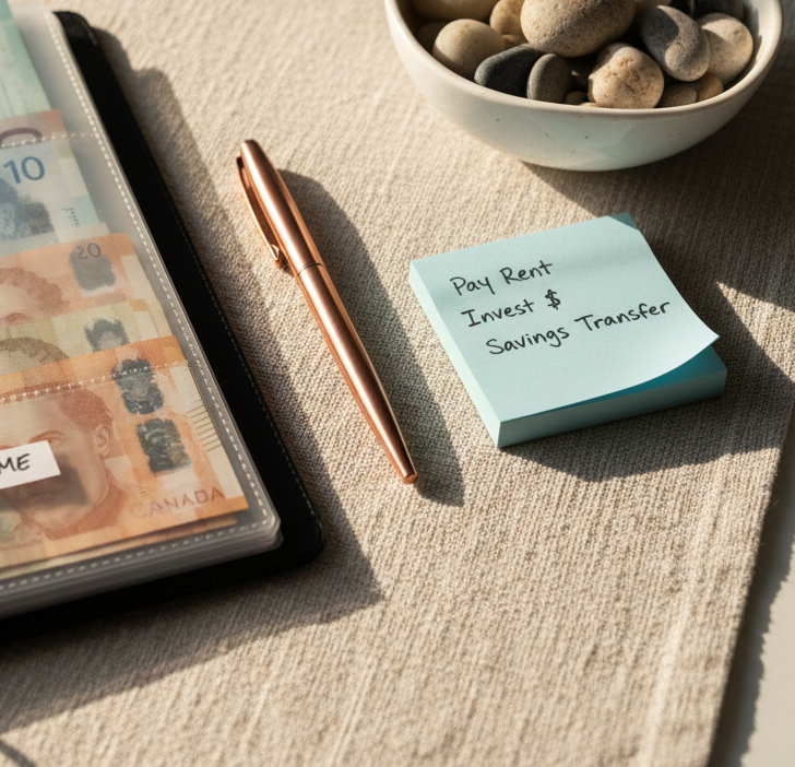 A carefully organized budgeting binder open on a textured linen table runner, showing a clear plastic sleeve with labeled envelopes: “Groceries,” “Fun,” “Emergency,” and “Future Me,” each containing crisp Canadian bills. Beside the binder sits a slim, rose-gold pen, a small stack of pale blue sticky notes with concise handwritten reminders, and a white ceramic bowl holding smooth grey and sand-colored stones reminiscent of a Vancouver Island beach. Warm, diffused afternoon light from the upper left creates cozy highlights on the plastic envelopes and gentle shadows along the linen texture. Photographic realism with a close, slightly angled composition and shallow depth of field captures a grounded, hands-on, and reassuring approach to managing money.