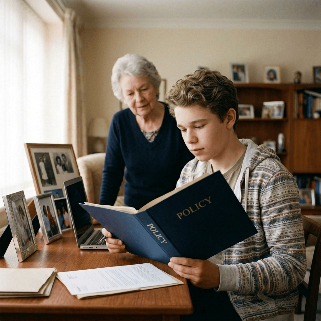 Young woman holding an insurance policy beside an older smiling woman